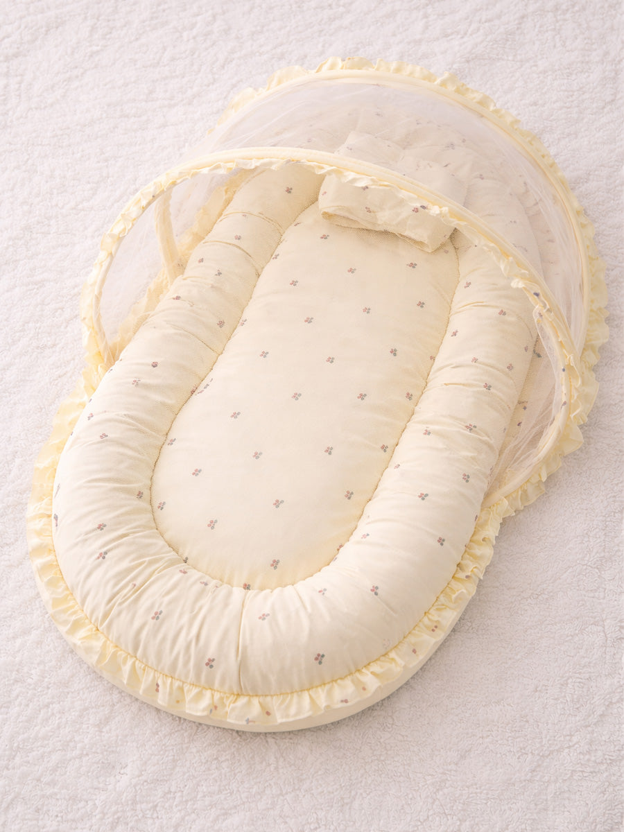 Ziva Baby Net Bed with Head Rest – Organic Cotton Cream Cherry Print