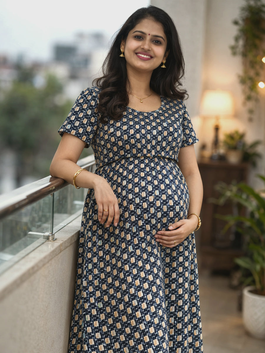 Ziva Light Cream Abstract Print (Black, Mustard Beige & Grey Blue) Zipless Gathers Nursing Maternity & Nursing Dress