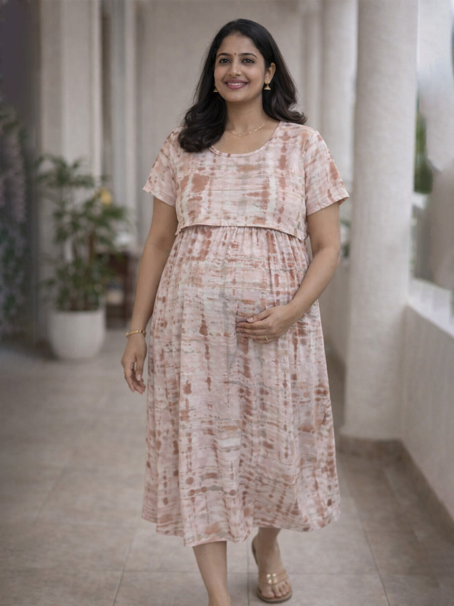 Ziva Off-White Floral Paisley Zipless Maternity & Feeding Gathered Dress