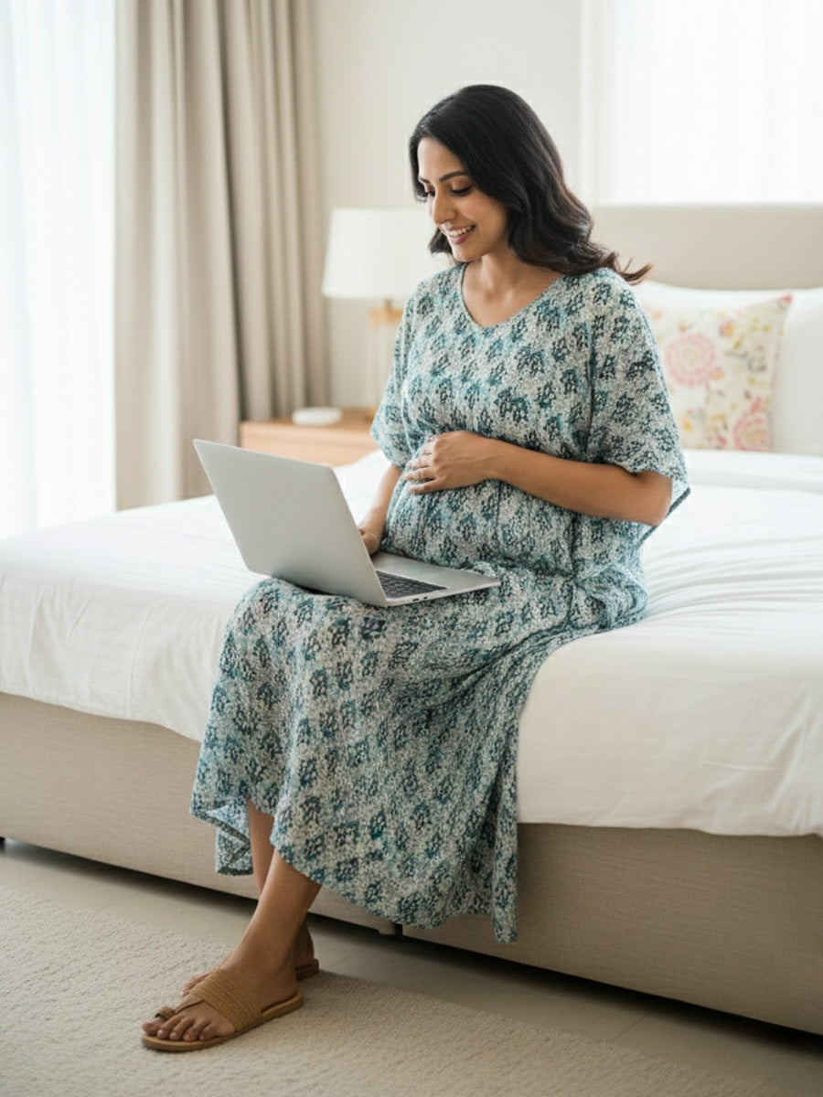 Pine Green Block Print Premium Maternity and Nursing Kaftan | Ziva