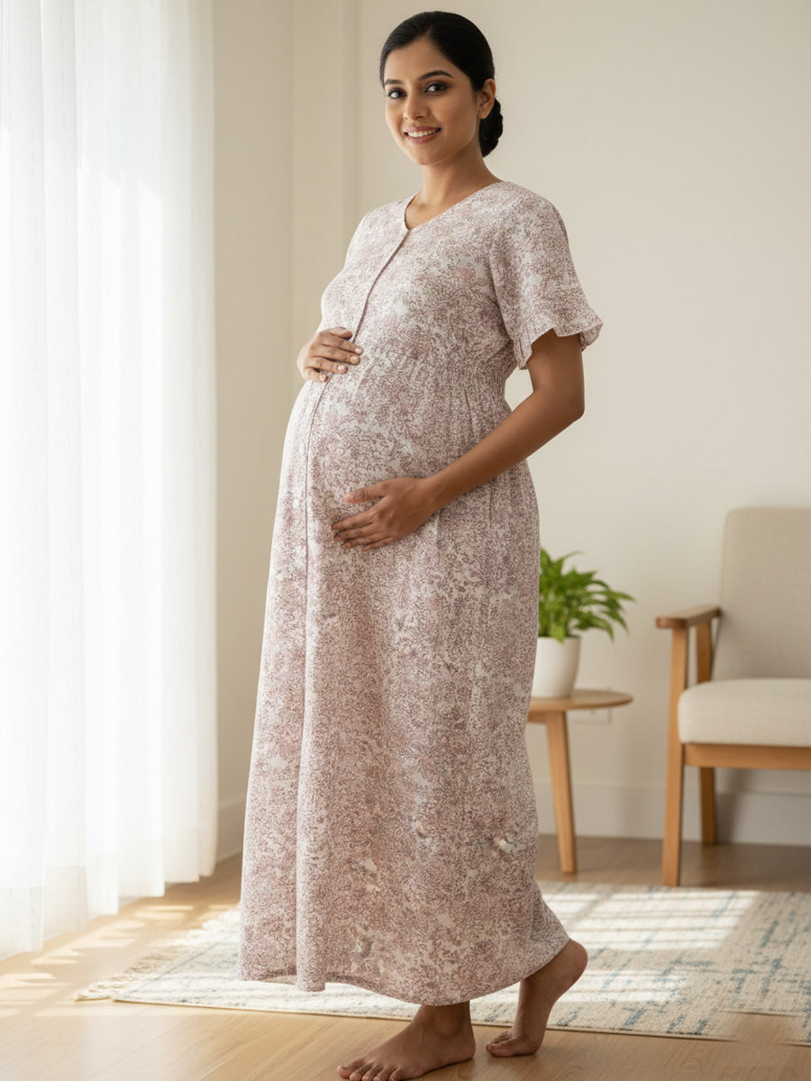 Cotton Full Open Floral Maternity Nighty – Full Length White & Peach Floral Print | Ziva