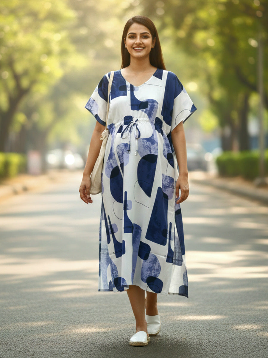 Maternity & Nursing Kaftan – White with Navy, Indigo & Lavender Abstract Print & Dual Zips | Ziva