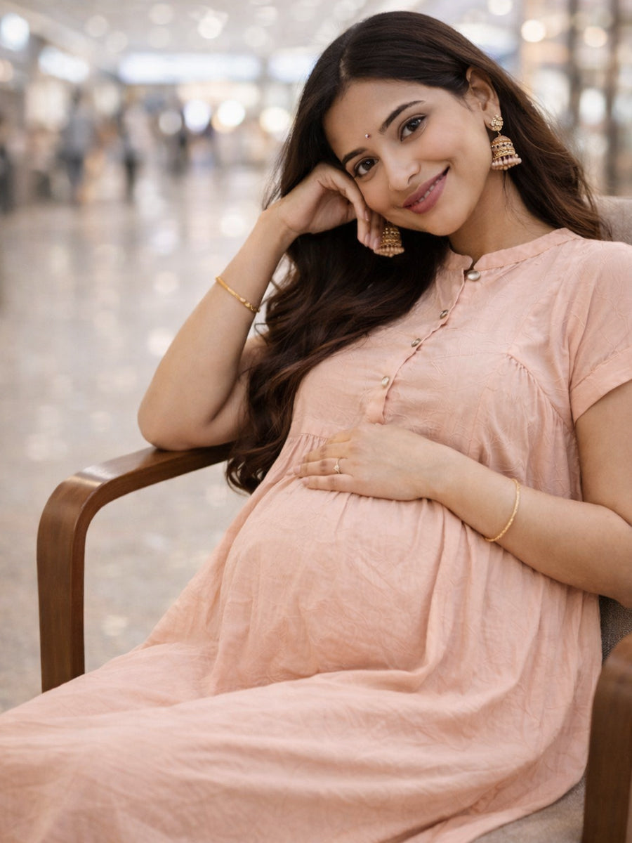 Ziva Peach Pink Premium Crinkle Textured Maternity & Nursing Dress