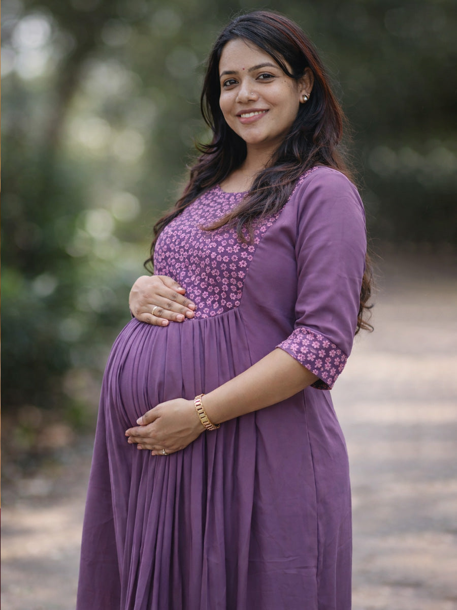 ZIVA Maternity & Feeding Elegant Purple Party Wear Dress with Pleated Yoke & D-Net Sleeves