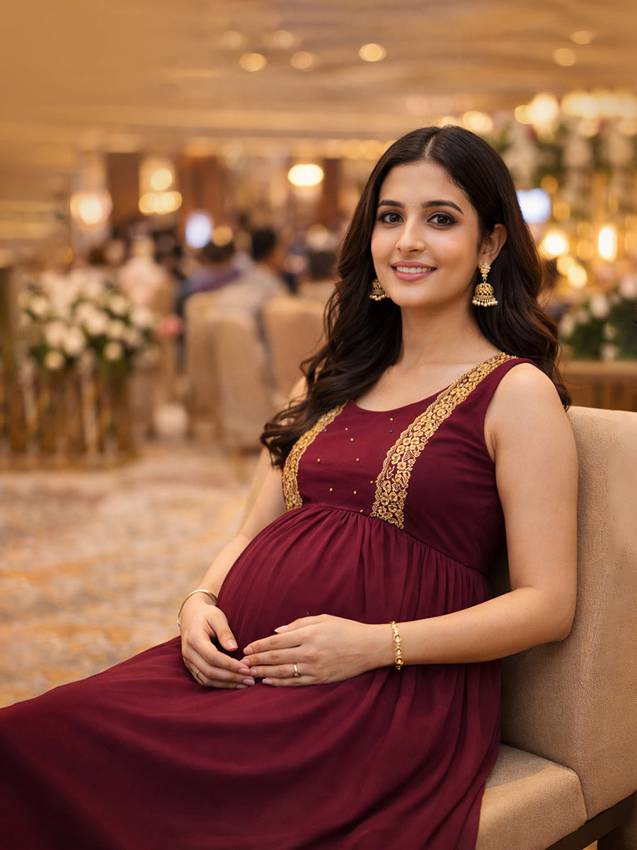 ZIVA Maroon Maternity & Feeding Multipurpose Party Wear & Photoshoot Gown with Peach D-Net Panels