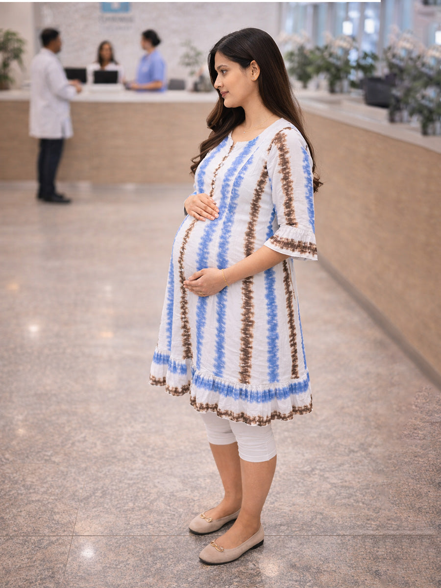 ZIVA White Tie-Dye Rayon Maternity & Feeding Knee-Length Dress with Potli Button Yoke