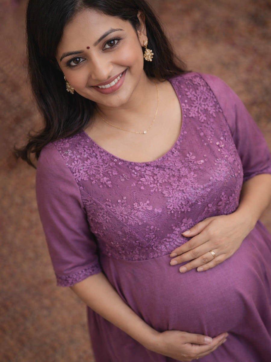 ZIVA Elegant Purple Maternity & Feeding Multi-Purpose Party Wear Dress with Princess Yoke & D-Net Sleeves