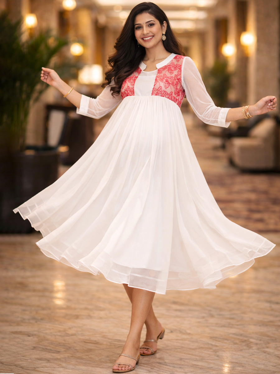 ZIVA Elegant White & Red Maternity & Feeding Party Wear Kurti with D-Net Embroidered Yoke