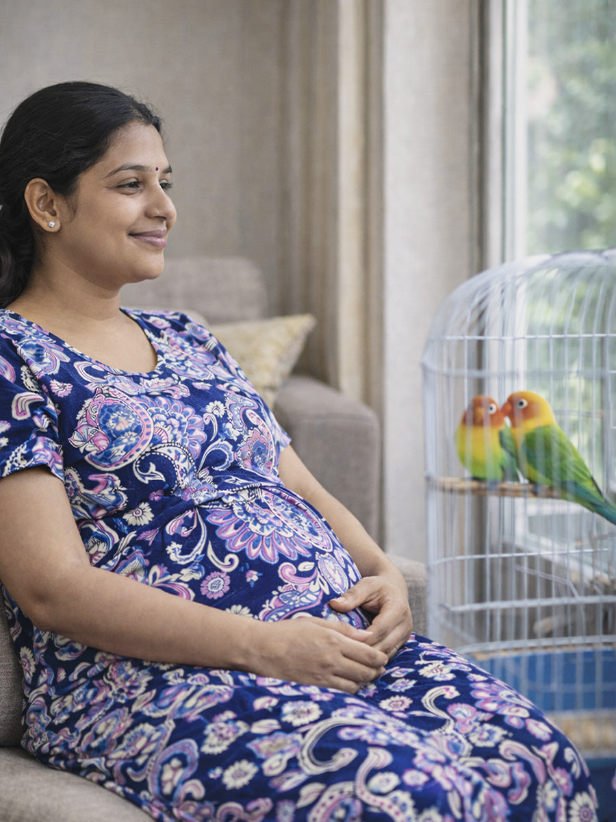 ZIVA Navy Paisley Zipless Maternity & Feeding Dress with Adjustable Tie and Side Pocket