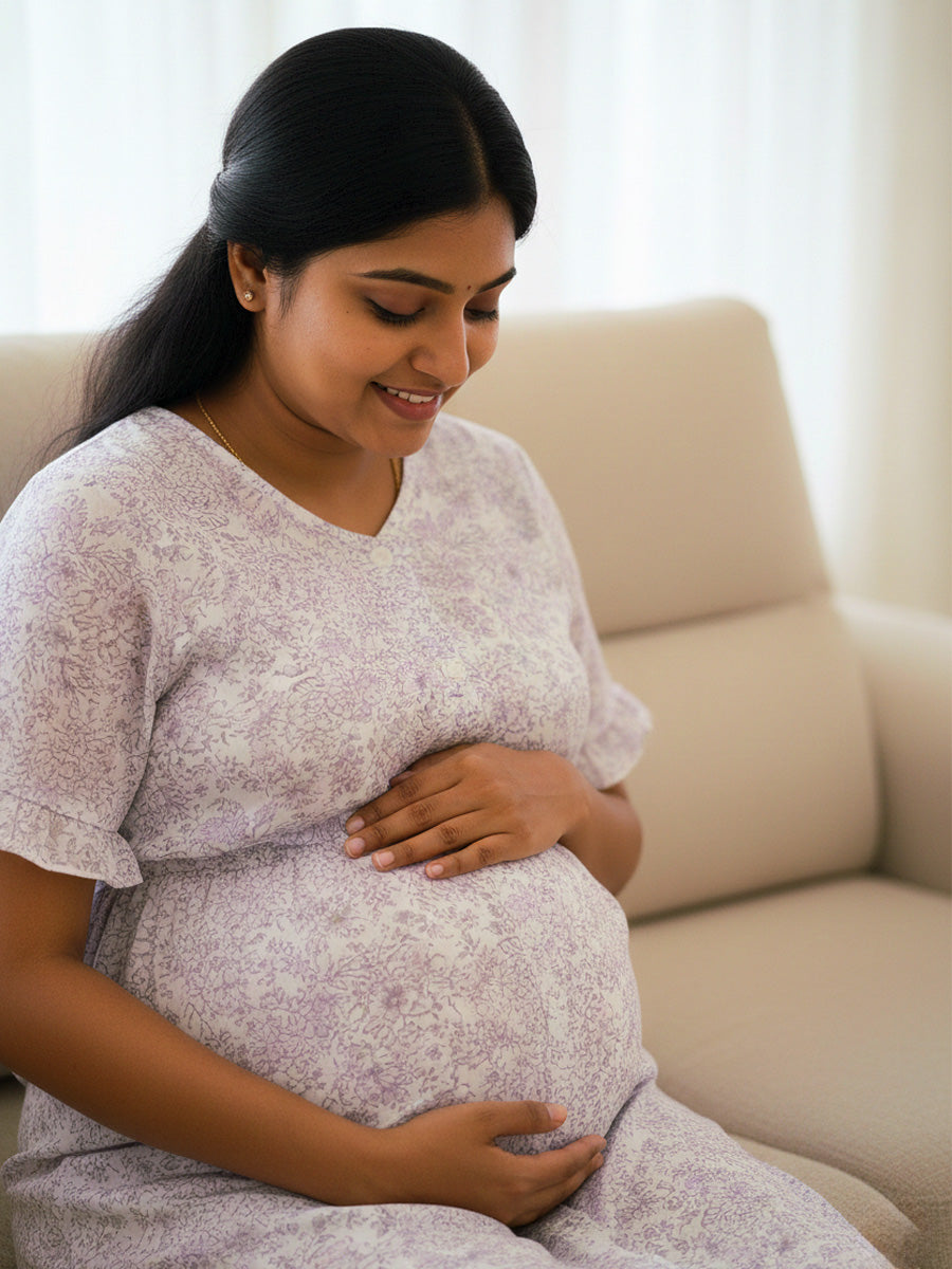 Cotton Full Open Floral Maternity Nighty – Full Length White & Lavender | Ziva