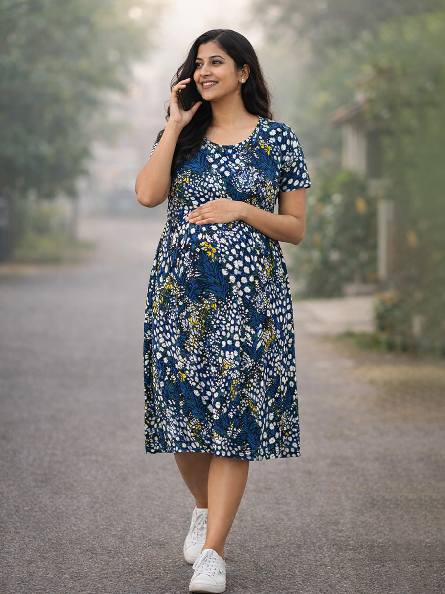 ZIVA Black Floral Zipless Maternity & Feeding Dress with Adjustable Tie and Side Pocket