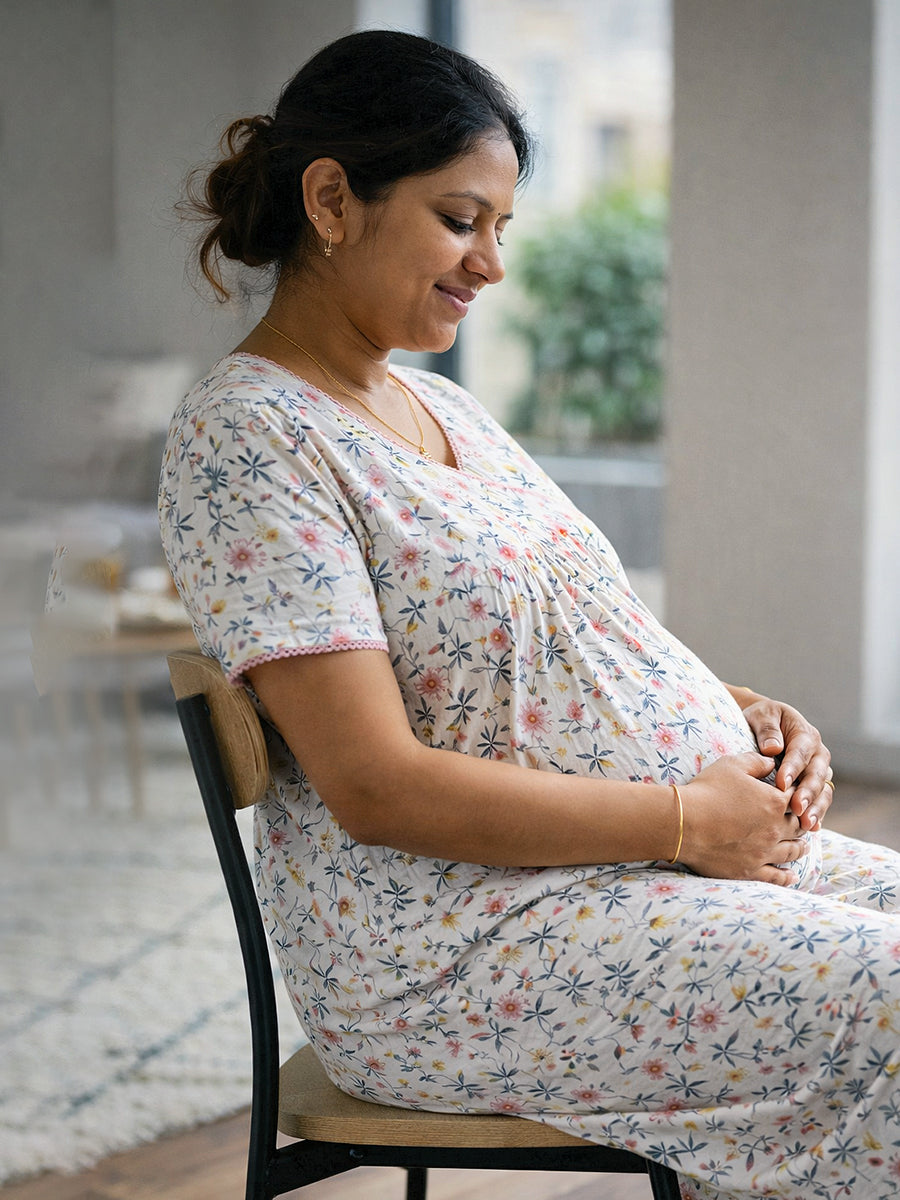 Ziva Cotton Maternity & Feeding Short Nighty with Pocket and Two Side Invisible Feeding Zips  – Pink & Yellow Floral