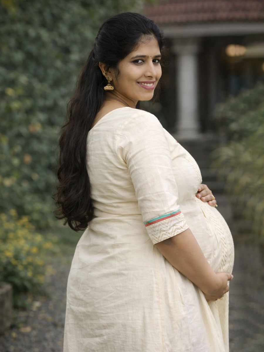 Ziva Maternity & Feeding Cotton Midi Dress with Concealed Zip – Off-White Vishu & Festive Collection