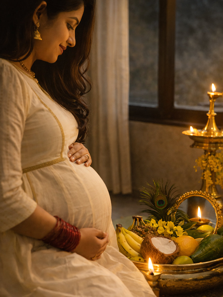 Ziva Maternity & Feeding Cotton Midi Dress with Concealed Zip – Off-White Vishu & Festive Collection