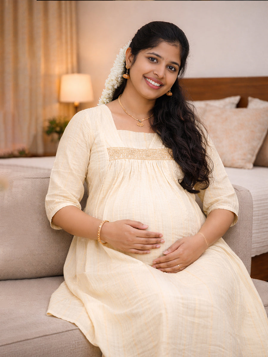 Ziva Maternity & Feeding Cotton Midi Dress with Embroidered Lace Yoke & Concealed Zip – Cream Vishu & Festive Collection