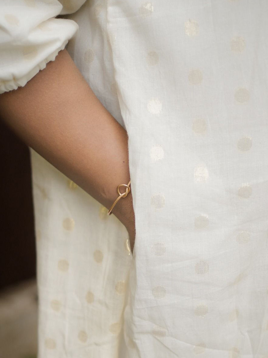 Ziva Maternity & Feeding Cotton Midi Dress with Concealed Zip – Off-White Gold Polka Vishu & Festive Collection