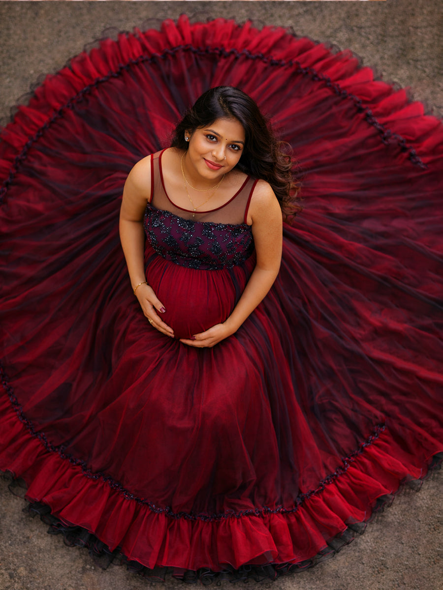 Ziva Maternity Photoshoot & Baby Shower Sequin Trail Gown with Illusion Neck – Deep Wine & Black