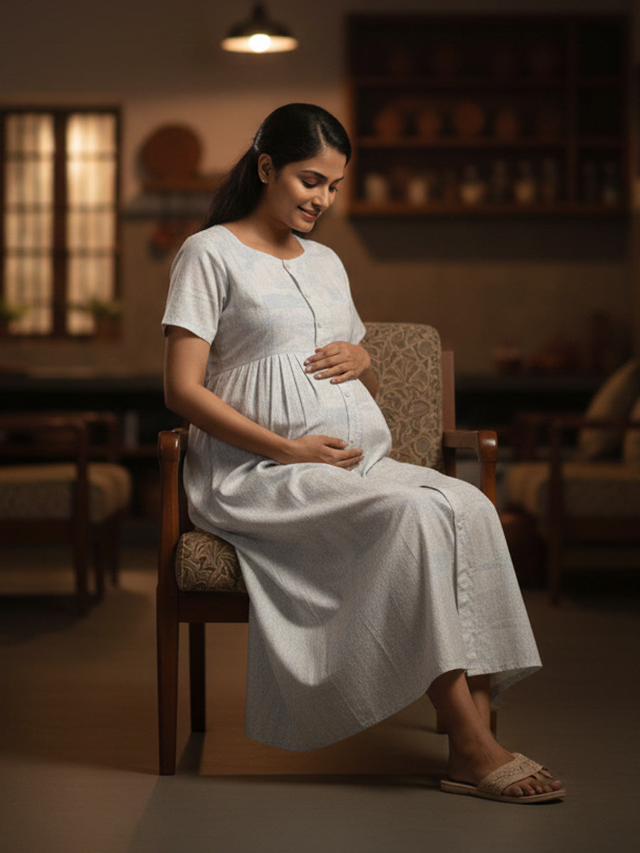 Cotton Full-Open Short Maternity Nighty – White Marble Print | ziva