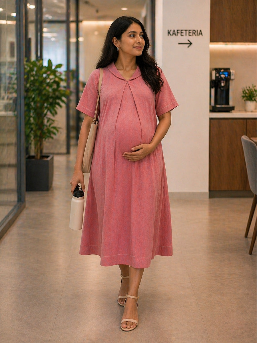 Ziva Maternity & Feeding  A-Line Dress with Zip & Pocket – Faded Pink