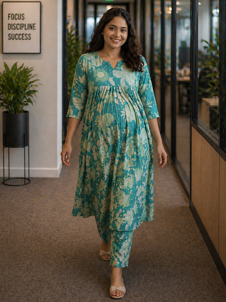 Ziva Maternity & Feeding Ethnic Co-ord Set with Nursing Zip & Wide-Leg Adjustable Pant – Green Floral