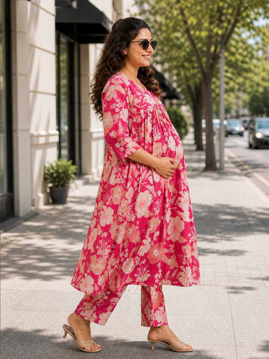 Ziva Maternity & Feeding Ethnic Co-ord Set with Nursing Zip & Wide-Leg Adjustable Pant – Pink Floral