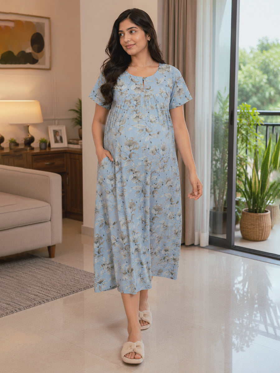 Ziva Maternity & Feeding Cotton Short Nighty with Zip & Pocket – Powder Blue Floral