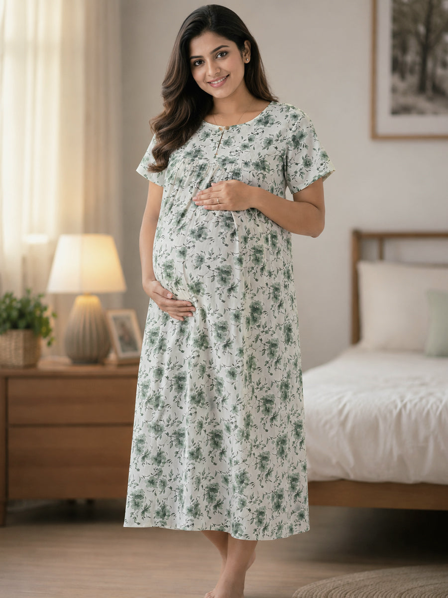 Ziva Maternity & Feeding Cotton Short Nighty with Zip & Pocket – White & Green Ditsy Floral