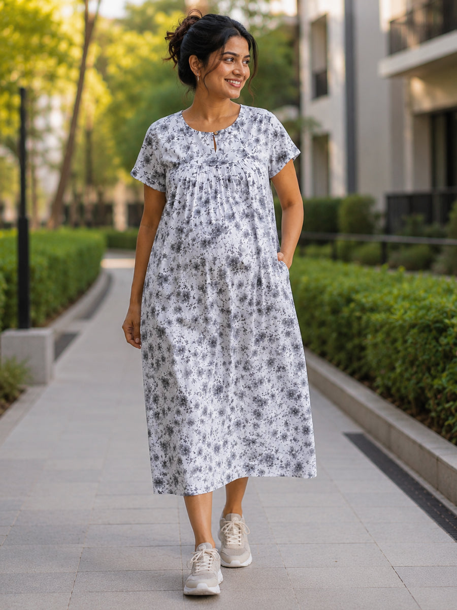 Ziva Maternity & Feeding Cotton Short Nighty with Zip & Pocket – White & Grey Ditsy Floral