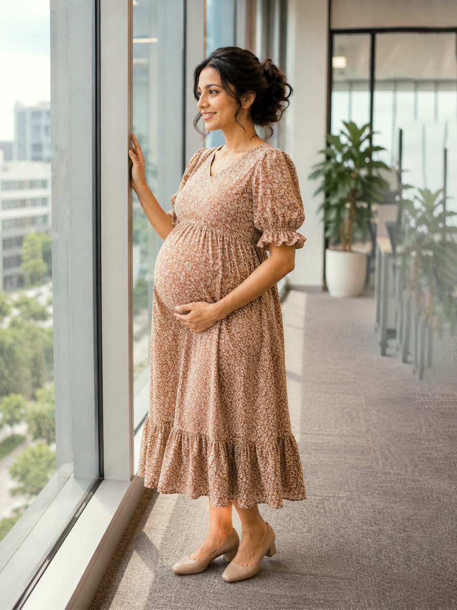 Ziva Maternity & Feeding Muslin Cotton  Dress with Invisible Feeding Zip & Pocket – Brown Ditsy Floral