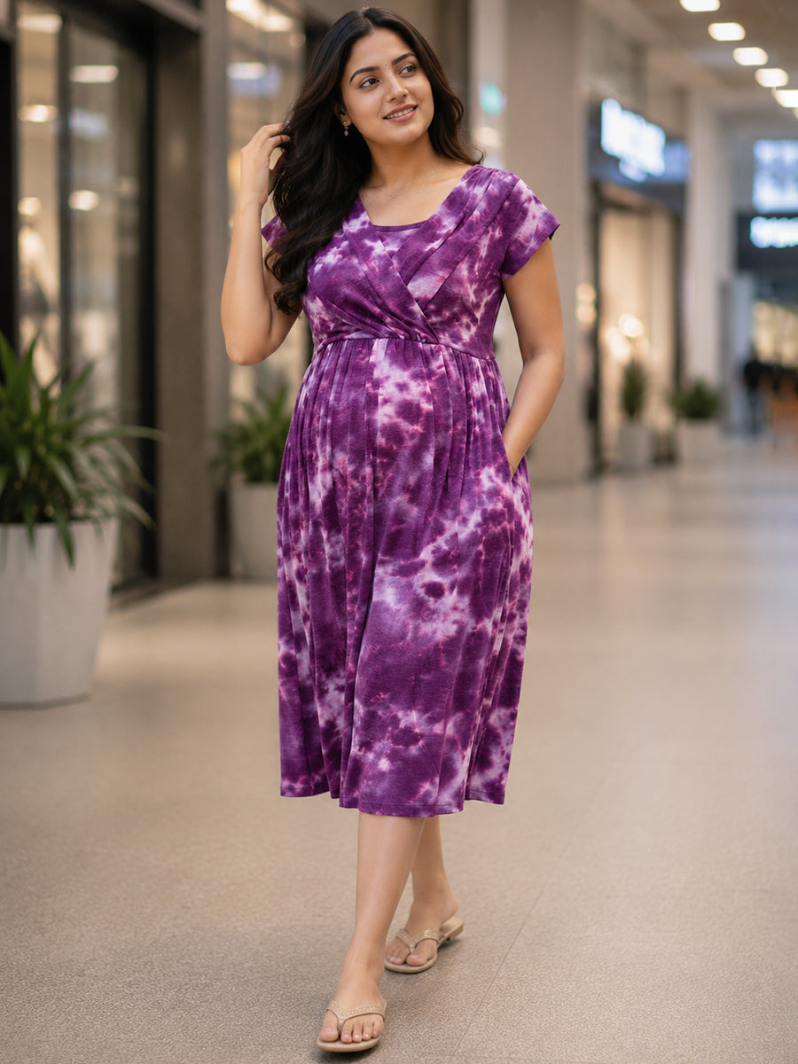 Ziva Maternity & Feeding Knitted Cotton Midi Dress with Zipless Feeding Access & Pocket – Purple Tie-Dye