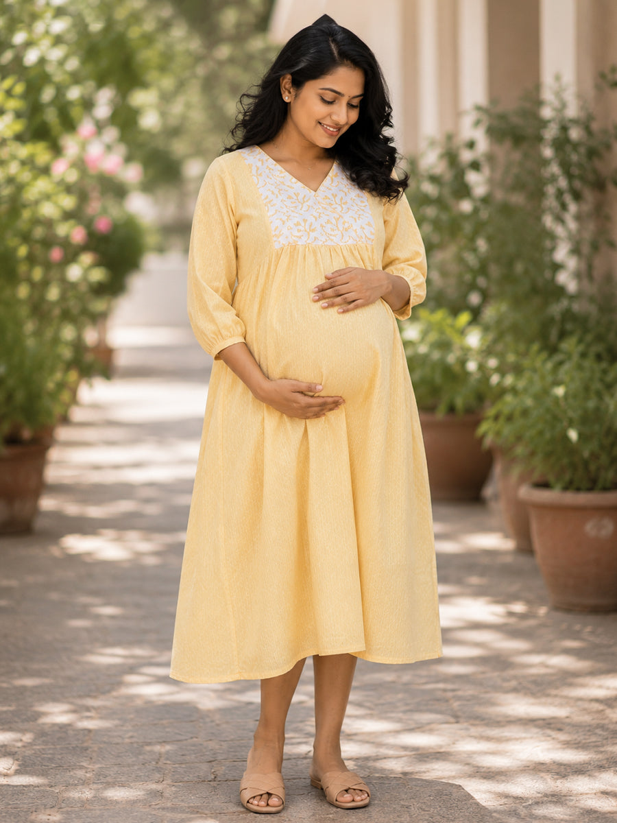 Ziva Maternity & Feeding Crushed Textured Shimmer Fabric Dress with Invisible Feeding Zip & Side Pocket – Yellow
