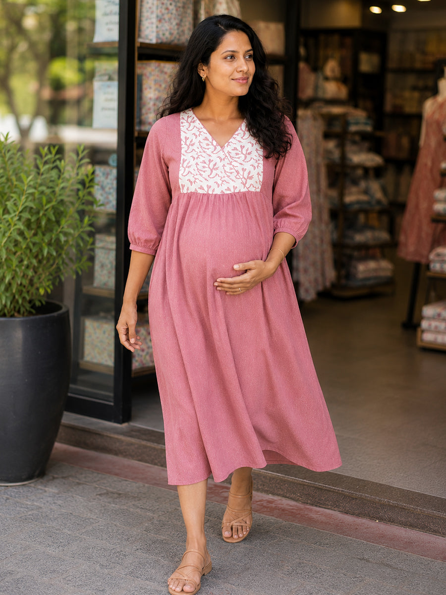 Ziva Maternity & Feeding Crushed Textured Shimmer Fabric Dress with Invisible Feeding Zip & Side Pocket – Pink