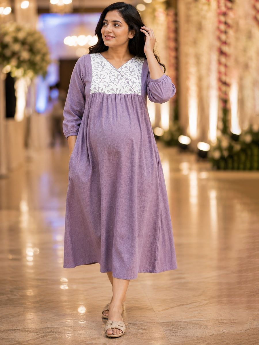 Ziva Maternity & Feeding Crushed Textured Shimmer Fabric Dress with Invisible Feeding Zip & Side Pocket – Dusty Mauve