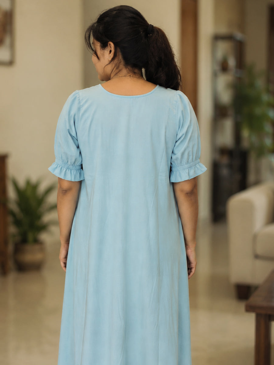 Ziva Maternity & Feeding Cotton Short Frock Nighty with Elegant Embroidered Peter Pan Collar, Invisible Feeding Zips & Pocket – Light Blue
