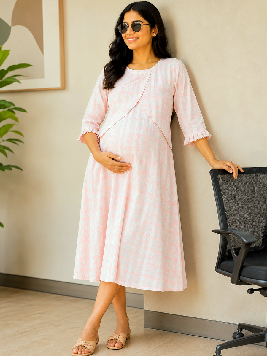 Ziva Maternity & Feeding Knitted Cotton Maxi Dress with Zipless Feeding Access & Pocket – Pink Tie-Dye