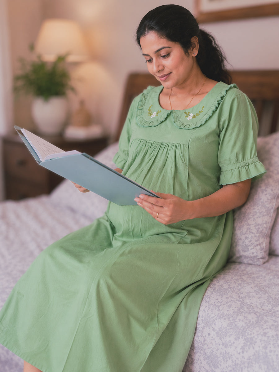 Ziva Maternity & Feeding Cotton Short Frock Nighty with Elegant Embroidered Peter Pan Collar, Invisible Feeding Zips & Pocket – Sage Green