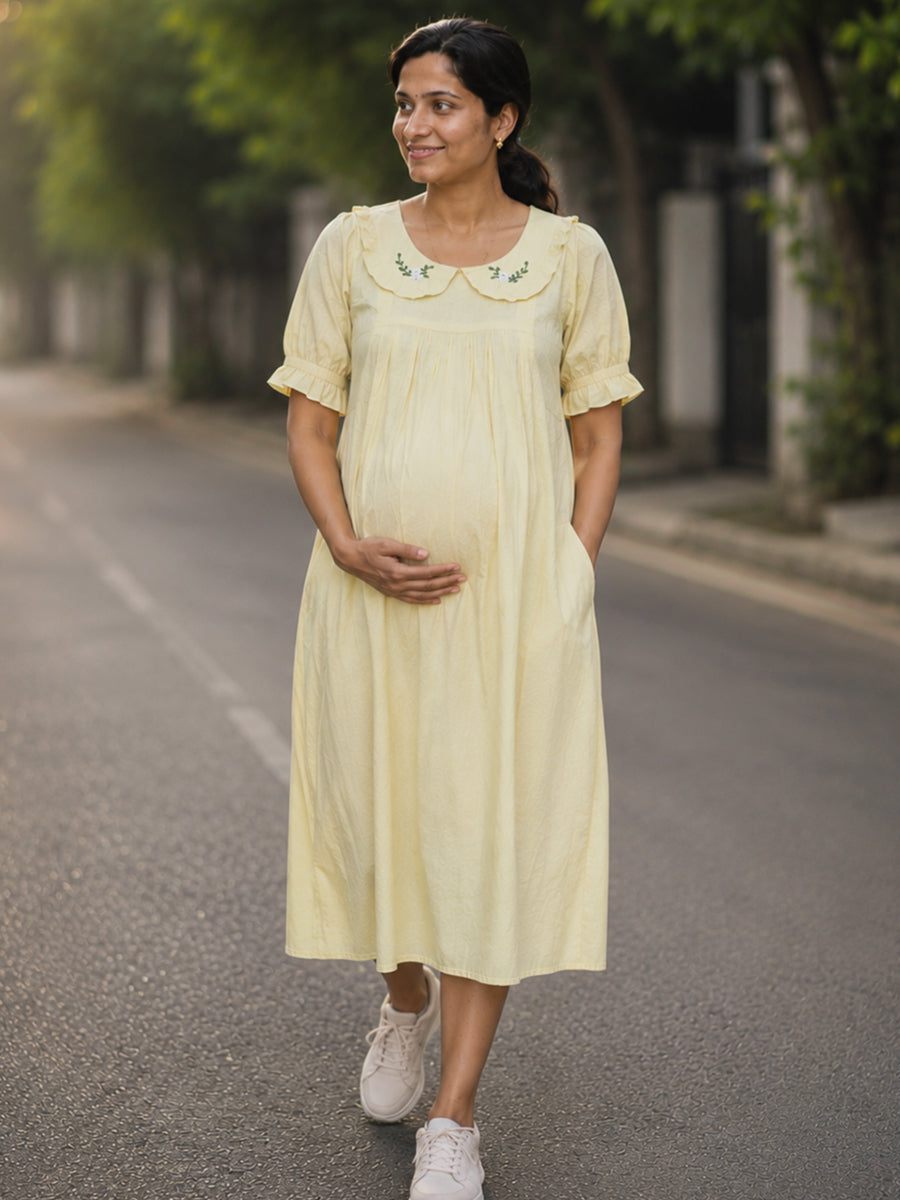 Ziva Maternity & Feeding Cotton Short Frock Nighty with Elegant Embroidered Peter Pan Collar, Invisible Feeding Zips & Pocket – Light Yellow