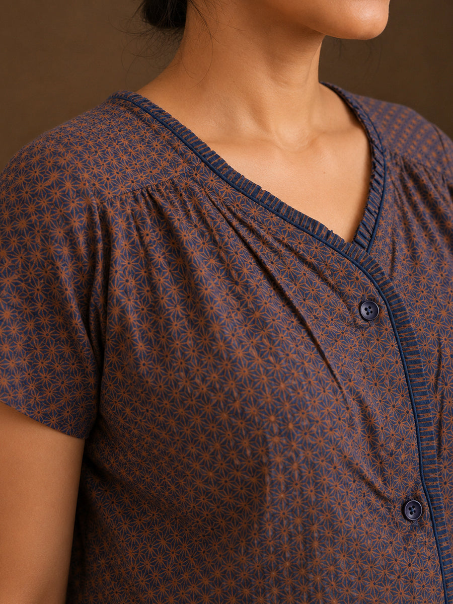 Ziva Maternity & Feeding Cotton Full Open Night Gown with Decorative Frill Placket – Dusty Sky Blue Asanoha Geometric Print