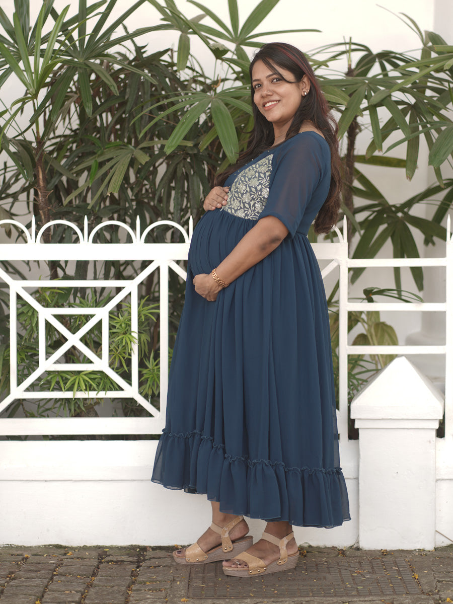 Royal Peacock Blue Maternity Party-Wear Dress with D-Net Yoke & Pleated Skirt