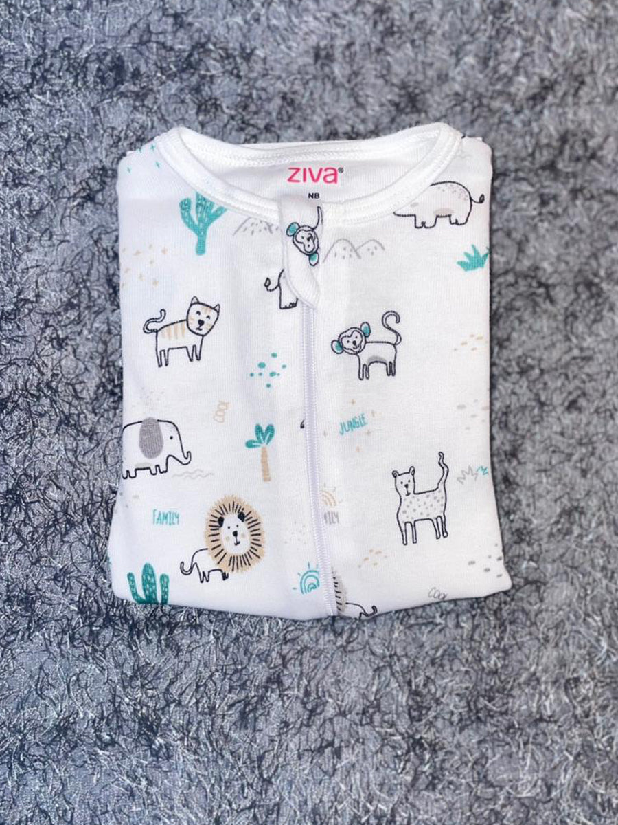 Ziva Knitted Cotton Fully Covered Baby Sleepsuit with Cap – Cute Animal Print & Front Zip