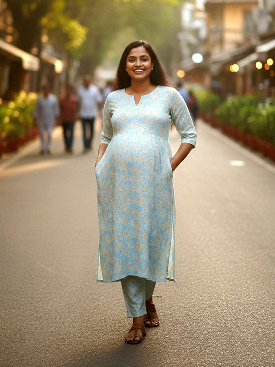 Light Blue Floral Printed Cotton Maternity & Nursing Cordset