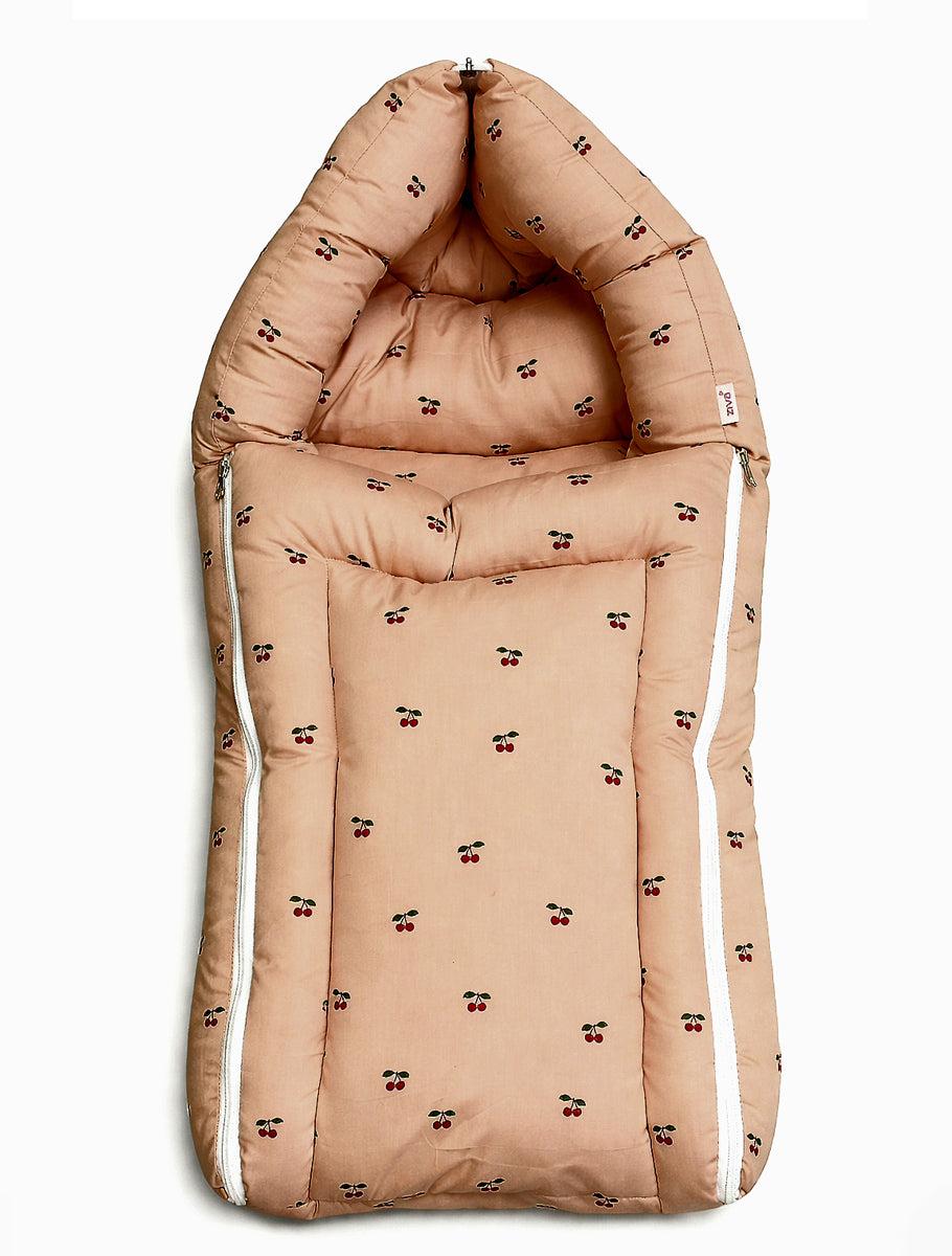 Ziva 3-in-1 Baby Bed – Organic Cotton Carry Nest cum Sleeping Bag (Cherry Print, Brown Colour)