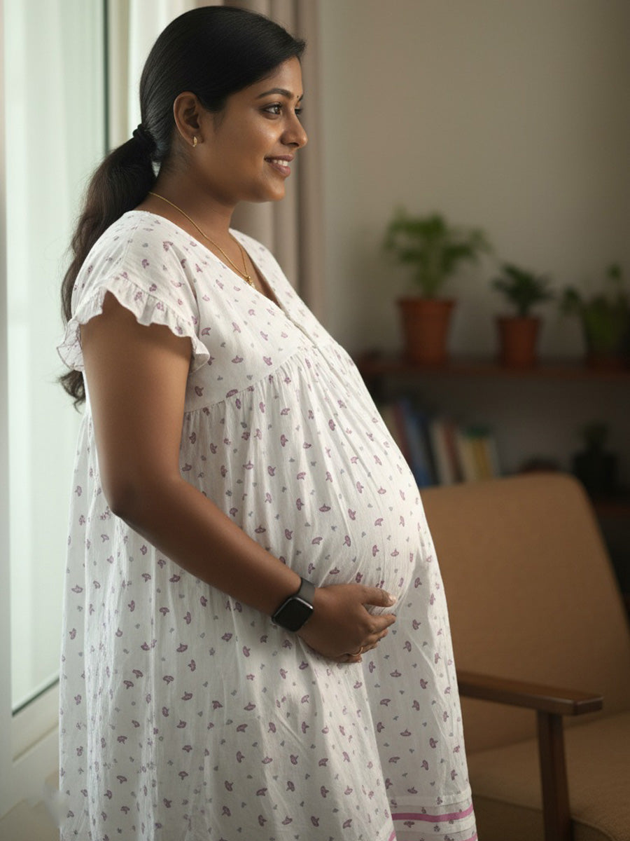 White Pink-Floral Full-Open Maternity & Nursing Nighty – Cotton by Ziva