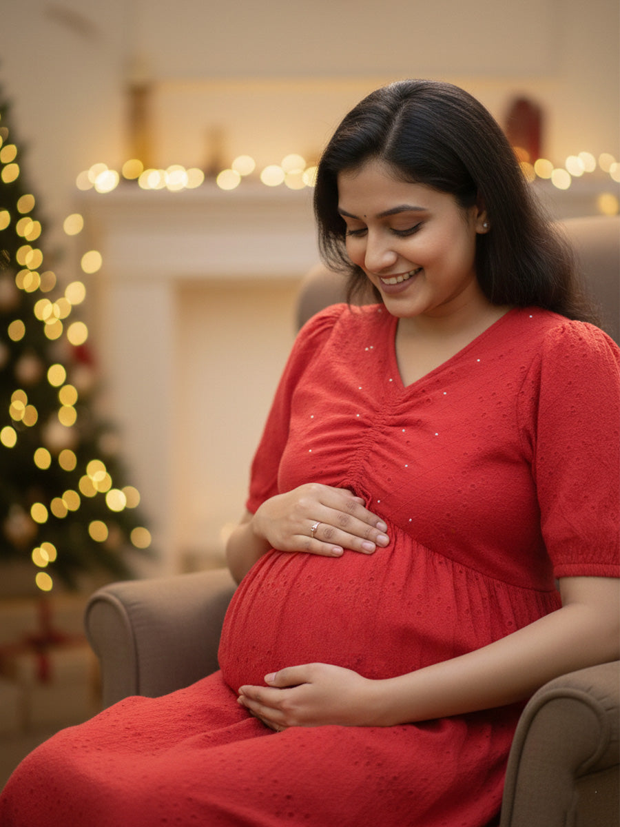 Aqaba Red Puff Sleeve Maternity & Feeding Dress – Festive Edition