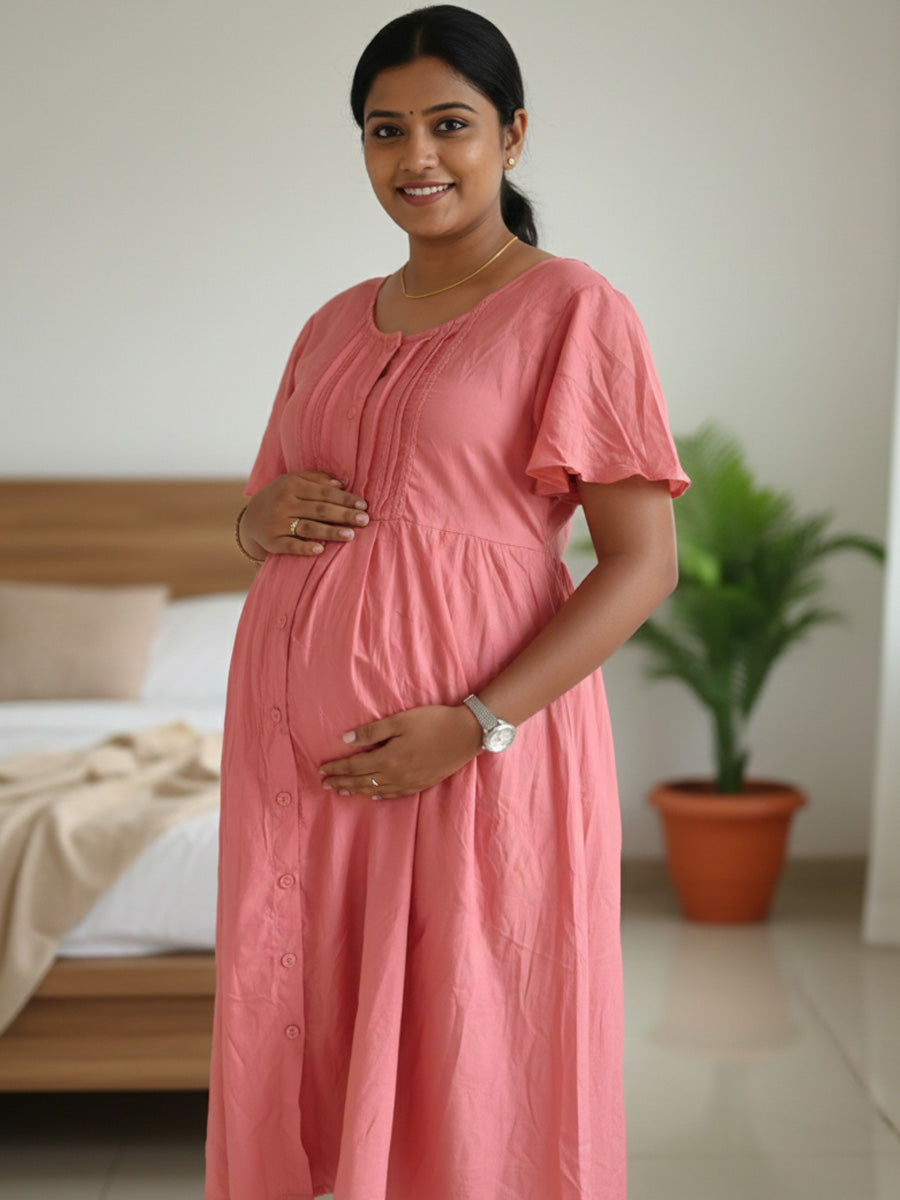 Peach Full-Open Short Maternity & Feeding Nighty with Lace Yoke