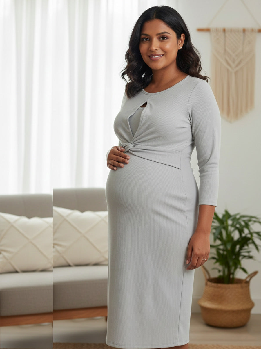 Grey Knitted Textured Twisty Zipless Maternity Dress – Stretch Fit Elegance