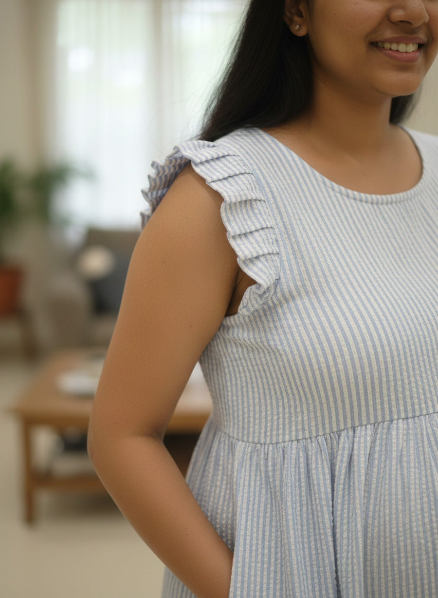 Blue Vertical Striped Cotton Maternity & Nursing Dress