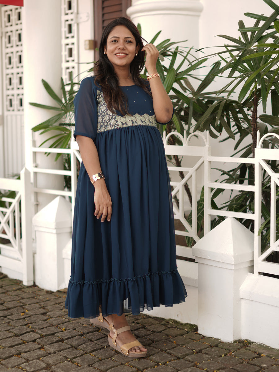 Royal Peacock Blue Maternity Party-Wear Dress with D-Net Yoke & Pleated Skirt