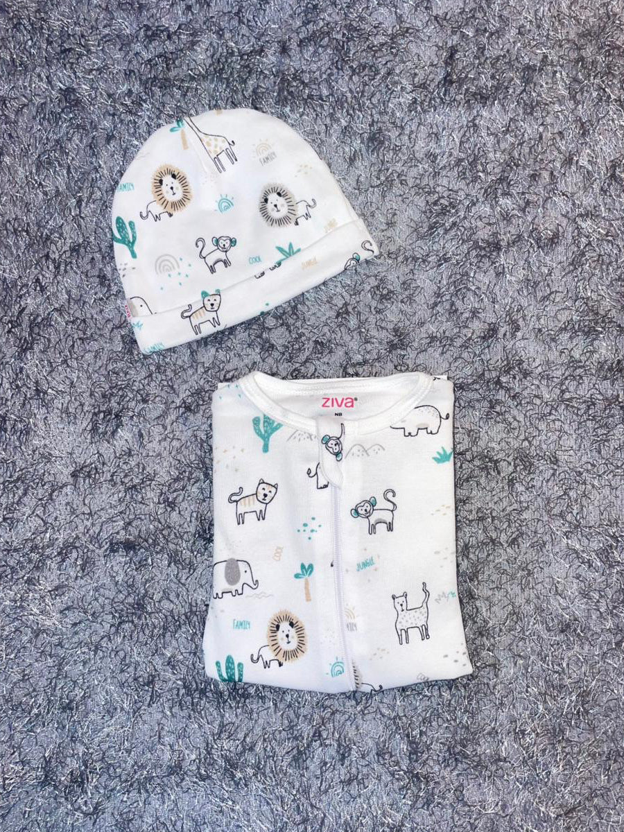 Ziva Knitted Cotton Fully Covered Baby Sleepsuit with Cap – Cute Animal Print & Front Zip