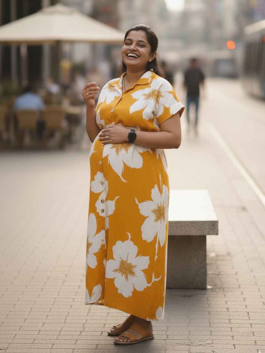 Mustard Floral Shirt Dress – Full Open Nursing | Ziva